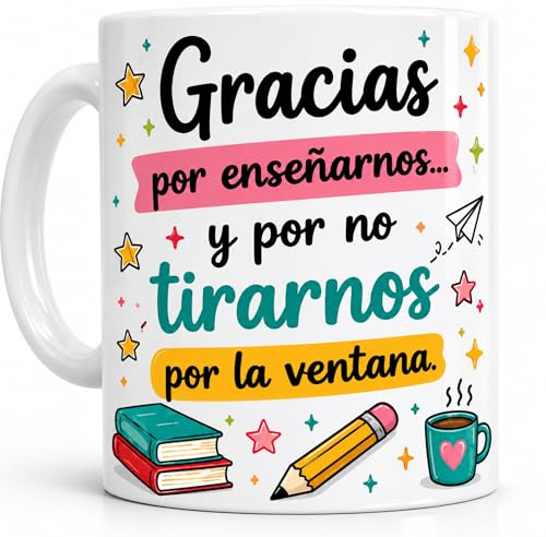 El Detallito & Tú Taza Personalizada Para Profesores Regalo Fin De Curso Recuerdo Emotivo Para Maestros Detalle De Alumnos Y Padres Cerámica Cafe (GRACIAS POR ENSEÑARNOS Y NO TIRARNOS POR LA VENTANA)