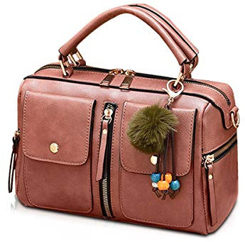 NICOLE & DORIS Femmes Sacs À Main Pompon Sac Style De Mode Zipper Sac À Bandoulière Dames Fourre-Tout Sac Cabas Porté Epaule Bandoulière PU Style Cuir Petit Sac Carré Rose foncé