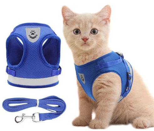 Anlitent Soft Mesh No Pull Cat Harness and Lead Set for Walking, Escape Proof Kitten Vest Harnesses for Small Dogs/Cats/Animals Rabbit, Cool Cat Dog Collar with Leash (Blue, X-Small)