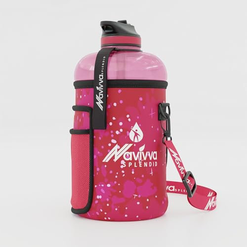 NAVIVVA SPLENDID Large 2L Water Bottle with Insulating Neoprene Cover and Straw Lid - BPA-Free, Dishwasher Safe, Portable, Eco-friendly with Carry Handle – Huge 2.2 Litre Capacity. (Pink Abstract)