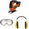 Black+Decker 18V Akku-Stichsäge BDCJS18, mit Akku+Ladegerät, inkl. 3M™ Schutzbrille für Werkzeugmaschinen 2890S, transparent und 3M™ Peltor™ Optime™ Komfort-Kapselgehörschutz H510A (87 bis 98 dB)