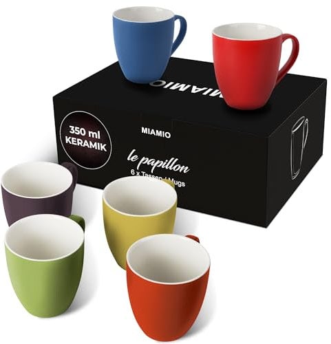 MIAMIO - 6 x 350 ml Juego de Taza de Café/Copa de desayuno - Le Papillon Colección (Multicolor-Blanco)
