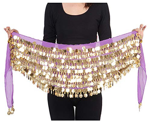 Bauchtanz Tribal Hüfttuch Chiffon Bauchtanz Kostüm Wickelgürtel mit Goldmünzen Röcke (Lila)