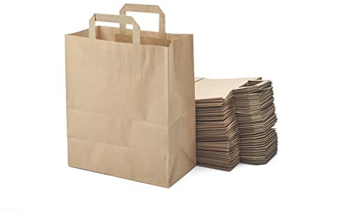 Miamex 50 Sacs Marrons Cabas en Papier Kraft avec Poignées Plates – 25 x 14 x 30 cm – Solide pour les Courses Emballage cadeau pour anniversaire, fêtes, mariage