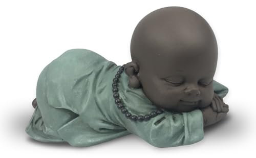 Figur Bonze Schnarchen – Dekoration Zen und Feng Shui – für eine entspannende und spirituelle Atmosphäre – Geschenkidee Glücksbringer – Breite: 11,5 cm – Farbe: Grün und Braun – Zen'Light