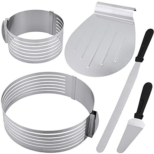 PINGEUI Lot de 5 cercles à tarte réglables en acier inoxydable - 2 tailles - Avec râpe à tarte, spatule et coupe-tarte - Accessoires de cuisson pour gâteaux - 23-30 cm/15-20 cm