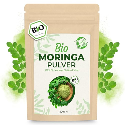 Curly Superfood Moringa Pulver Bio 500g - 100% naturreine BIO Rohkostqualität - Fein gemahlenes Bio Moringa Pulver für Moringa Tee, Smoothies, Säfte & Speisen