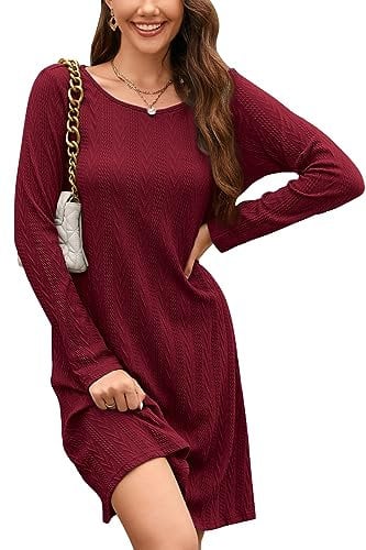 STYLEWORD Jumper Dress for Women UK Ladies Long Sleeve Tunic Dress Winter Knitted Pullover Casual Dresses (Wine Red, Medium)