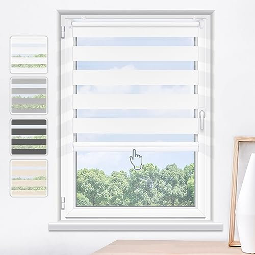 Grandekor Store Enrouleur Jour Nuit sans Chaîne de Double Tissu, Store Jour et Nuit sans Perçage, Accessoires d'installation Inclus pour Fenêtre ou Porte, 45l x 120L cm, Blanc