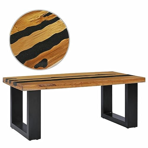 GuyAna Couchtisch 100×50×40 cm Teak-Massivholz und Lavastein Couchtisch Eiche Massiv Baumkantentisch
