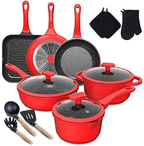 BONOOL Ensemble de casseroles et poêles, Batterie de Cuisine de 16 pièces, revêtement en Granit antiadhésif, Batterie de Cuisine à Induction Facile à Nettoyer