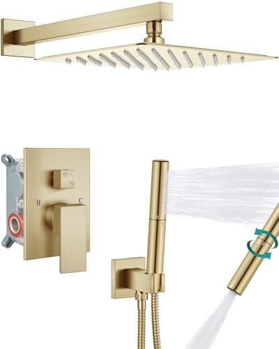 Aolemi Duschsystem mit Regenduschkopf und Handwandhalterung, Hochdruck-Duscharmatur-Set, Set mit 2-in-1-Handbrause und rauem Ventil, 30,5 cm Duschkopf, gebürstetes Gold