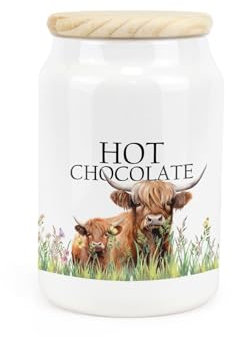 Purely Home Highland Cow Ceramic Hot Chocolate Storage Canister - Mum & Calf Farmyard Kitchen Food Storage Container & Wooden Lid 600ml (14.5cm x 9.5cm)