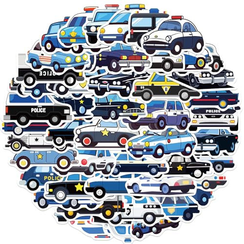 50 Stück Cartoons Polizeiwagen Aufkleber Pack Polizeiwagen Sticker Set wasserdichte Vinyl Sticker für Laptop Kinder Autos Motorrad Fahrrad Skateboard Gepäck Koffer Computer Aufkleber Graffiti Decal