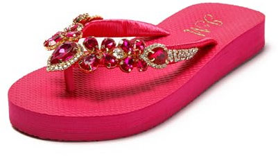 JOMIX Chanclas Mujer Con Strass Brillante y Joyas - Planas Para Playa, Piscina, Mar, Ducha, Baño - Sandalias Dedo, Fucsia, 40 EU
