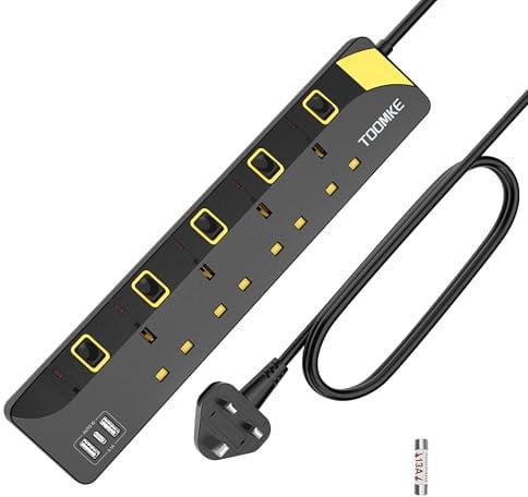 Extension Lead with Individual Switches 4 Way 3 USB 8M Black 8M Extension Lead with USB C Slots, 4 Way (13A/3250W) Plug Extension Socket with 2 USB A & 1 USB C, Mountable Power Strip