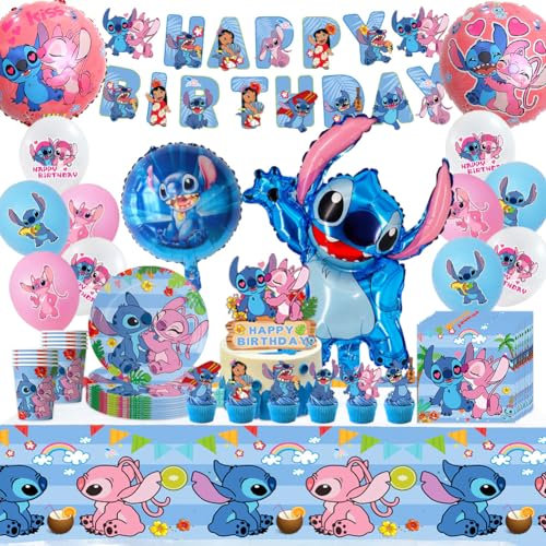 Stitch Stoviglie per Feste Compleanno,Decorazioni Compleanno Stitch, Stitch Set di Stoviglie per Feste,Piatto Tazza Tovagliolo Tovaglia di Paglia Striscione