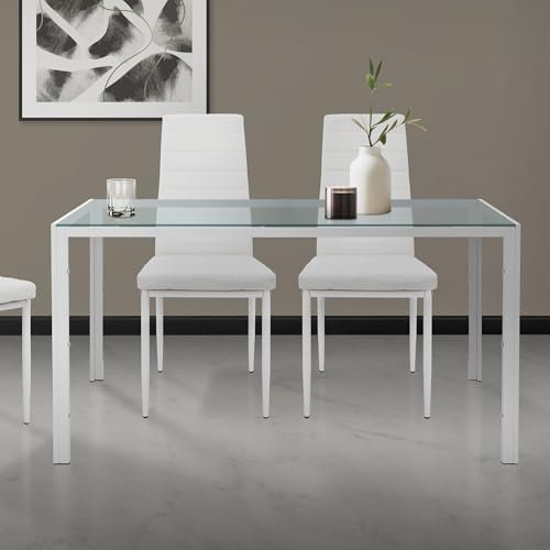 ML-Design Mesa de Comedor 120 x 70 x 75 cm Blanco para 4-6 Personas, Estructura de Metal y Tablero de Cristal Templado Mesita Rectangular Mueble Moderno de Cocina/Salón con Patas Metálicas