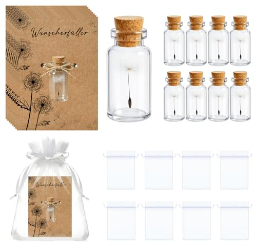 XineYuor 8 Set Pusteblume im Glas Echtes,Kleiner Wunscherfüller,Mullbeutel Grußkarte Hanfseil-Glücksbringer,Dankeschön Geschenk Kleine Aufmerksamkeit Mitgebsel zu Geburtstag Hochzeit (8)
