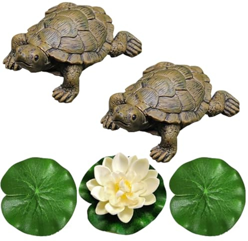 Schildkröte Deko Set für Miniteich Garten, 5 Stück Mini Teich Figuren mit Lotusblume und Blättern, Realistische Teich Dekoration für Balkon Flaschengarten Indoor Outdoor, Deko Miniteich Zubehör