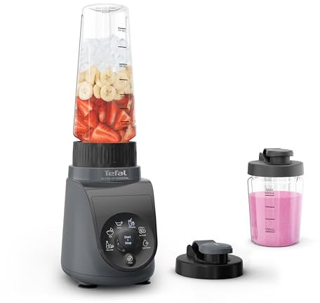 Tefal Blend Up Essential Mini Mixer, 800 Watt, 6 Automatikprogramme | Auto-Clean-Programm, inkl. 2 Behälter, 400-ml-Flasche, 700-ml-Flasche, 4 Powelix-Klingen, Grau, BL1EHBF0