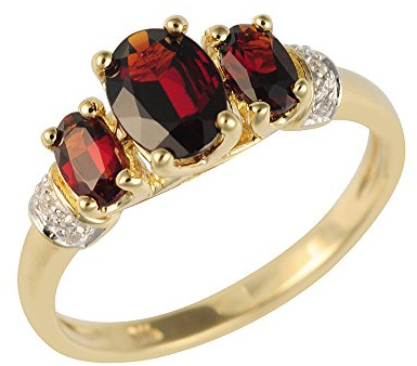 Ivy Gems 9ct Yellow Gold Oval Cut Three Stone Garnet and Diamond Ring - Size R