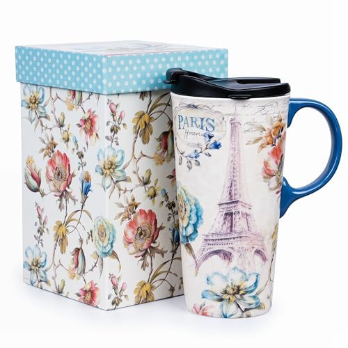 Tall Ceramic Travel Mug 17 oz. Sealed Lid With Gift Box Paris