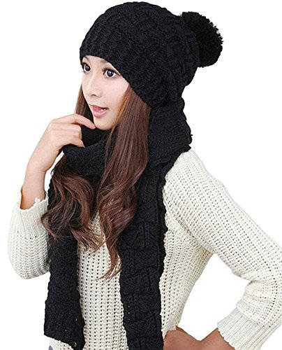 Winter Mütze Schal damen set warme Gestrickt Beanie mit pom Frauen Mädchen wolle