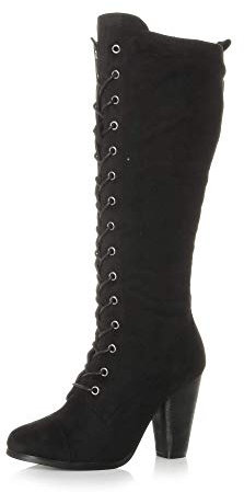 Ajvani Womens Ladies high Chunky Heel lace up Calf Knee Military Biker Boots, Black Suede, 3 UK