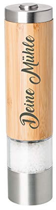 Elektrische Pfeffermühle oder Salzmühle inkl. Gravur graviert, elektrisch, Bambus/Edelstahl, Keramikmahlwerk, eingebaute LED, inkl. Batterien