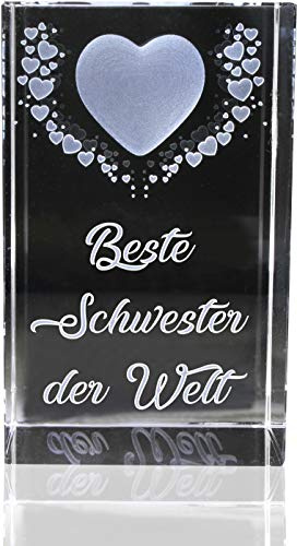 VIP-LASER | 3D Kristall | Motiv: Fliegende Herzen | Beste Schwester der Welt (incl. LED-Leuchtsockel (empfohlen))