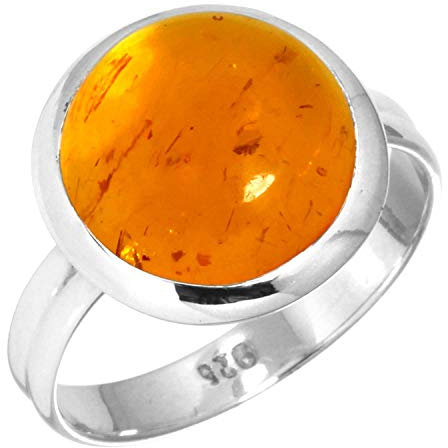 Jeweloporium Oranger Bernstein-Silberring, Größe 68 (21,6), 925er Sterlingsilberring für Damen, klobiger runder Stein, handgefertigter Schmuck