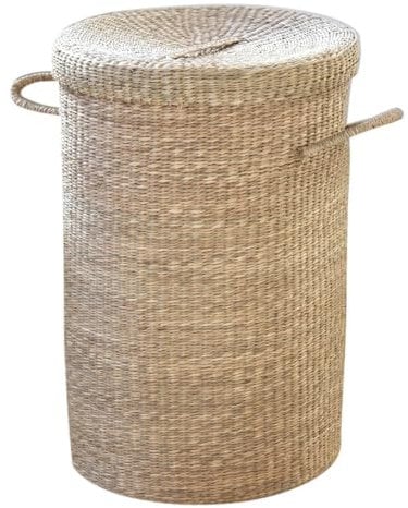 Calicosy - Panier À Linge - Jonc De Mer Naturel - Matière Naturelle Robuste - Résiste À l'eau - avec Couvercle Et Anses - Salle De Bain, Buanderie, Chambre - Larges Dimensions - D 40 x H 60 cm