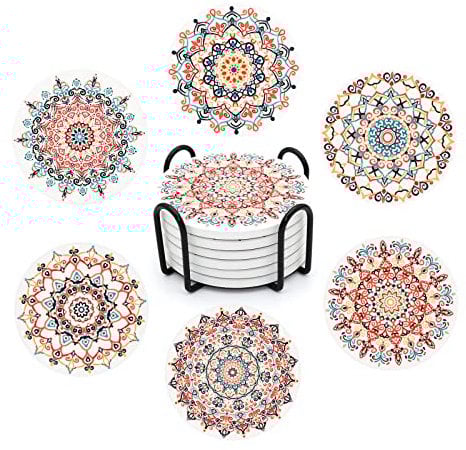 STARUBY Drink Coasters Set of 6 Ceramic Coaster Beautiful Absorbent Coaster Drink Mat with Cork Base vintage Flower Patterns Round Coaster Non Slip for Coffee,Beer,Mug,Wine Glass Bottle,Home and Bar