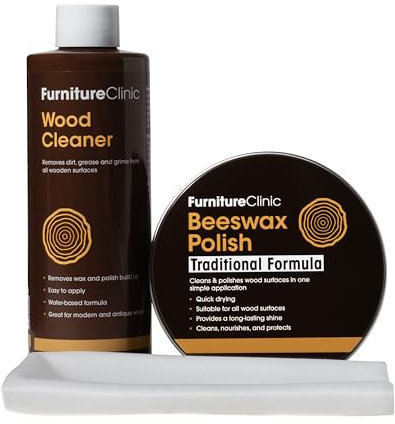 Wood Wax Kit - Use to Clean, Wax, Polish & Protect All Items of Wood Such as Furniture, Worktops & Doors - Contains 250ml Wood Cleaner, 200ml Clear Beeswax Polish, Lint Free Cloth