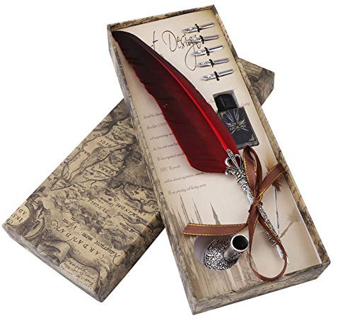 Tyenaza Feder und Tinte Set, Glitzernde Federkiel Pen Set Antike Kalligraphie Dip Pen mit Tinte Flasche, 2 Ersatz-Federn, Pen Stand Base, Luxus Vintage Signature Pen (Rot)