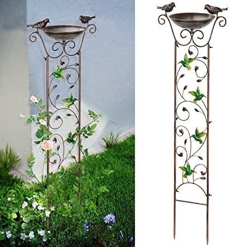 SUNNYPARK Bird Bath with Trellis Outdoor, Antique Garden Iron Plant Trellis with Decorative Hummingbirds Detachable Bird Bath Bowl Metal Potted Plant Support for Climbing Flowers