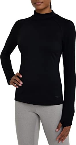 TCA Women's SuperThermal Long Sleeve Performance Base Layer Running Training Workout Top - Mock Neck - with Thumbholes - Black Rock, S