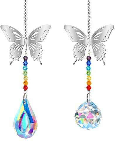 2 Stück Sonnenfänger Schmetterling, Kristall Anhänger Deko, Regenbogen Sonnenfänger Kristal, Sonnenfänger Hängende Fenster, fensterdeko kristall für Zuhause Büro Garten Deko