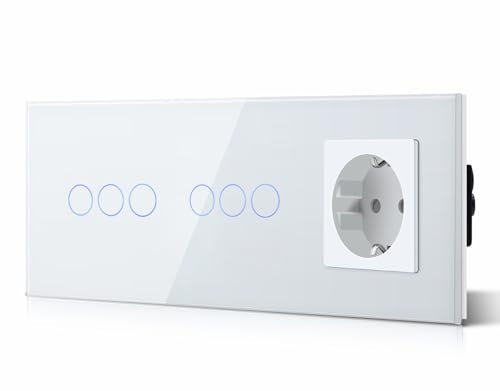 BSEED Doppelt Touch Lichtschalter 3 Fach 2 Wege Schalter mit Steckdosen, Kein Neutralleiter, KEIN-WIFI, Gehärtete Kristallplatte, Glas Touch-Panel Weiß 228mm