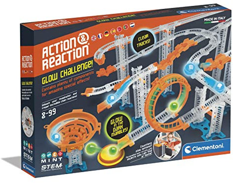 Clementoni Action & Reaction Glow Effect - mehrteiliger Bausatz zum Konstruieren Einer Kugelbahn mit Leucht-Bällen - Spielzeug für Kinder ab 8 Jahren 59304