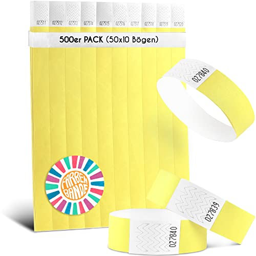 FARBEN BANDE® 500 Einlassbänder Neon Gelb/Eintrittsbänder 19mm aus Tyvek/Party Bändchen reißfest, wasserdicht und nummeriert/farbige Partybänder/Einlassbändchen für Party, Festival & Feste