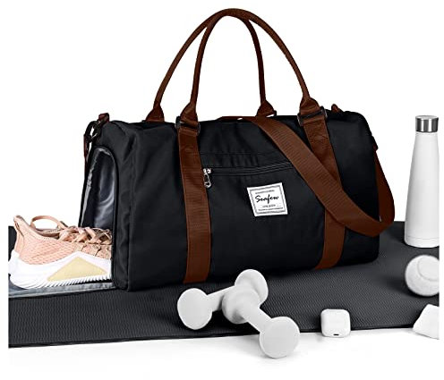 HYC00 Sport Duffel Bag Damen Herren,Sporttasche mit Nassfach & Schuhfach Reise Duffel Bags Übernachtungstasche Reisetasche Handgepäcktasche Fitnesstasche Trainingstasche Weekender Bag,Schwarz Braun