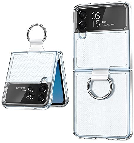 Crystal Clear Coque avec Anneau Compatible avec Samsung Z Flip 4 Transparent Étui [Jamais Jaune] Hard PC Anti-Rayures, Bumper Antichoc pour Samsung Galaxy Z Flip 4 5G Housse (2022) - Transparent