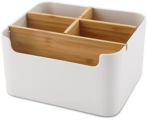VICDUEKG Organiseur de bureau, 5 compartiments, en bambou, avec porte-stylo, boîte de rangement pour stylos, cosmétiques, notes autocollantes (blanc)