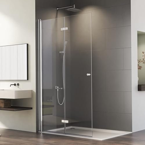 Falttür Duschkabine Walk-in 120x185 cm Faltbar Walk in Duschabtrennung Silber Drehfalttür mit 5 mm NANO ESG Glas, Duschtür in beide Richtungen pendeln Schwenkbereich von 180°, Höhe 185cm