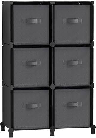 SONGMICS Cube Storage Unit with Storage Boxes, 6-Cube Clothes Storage Unit, 6 Non-Woven Fabric Cubes for Shelves, Customisable Shape, Bedroom, Living Room, Black and Grey LPC062B01