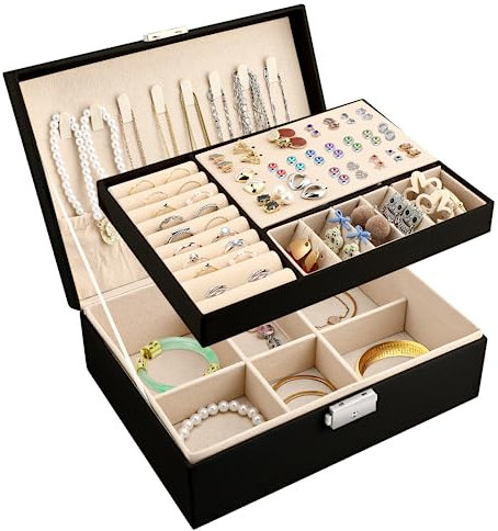 Mkitnvy Schmuckkästchen Mädchen Damen Groß,2-schichtige Schmuckschatulle, Abschließbare Schmuckaufbewahrung mit Schlüssel,PU-Leder Aufbewahrungskoffer für Ringe Ohrringe Armbänder