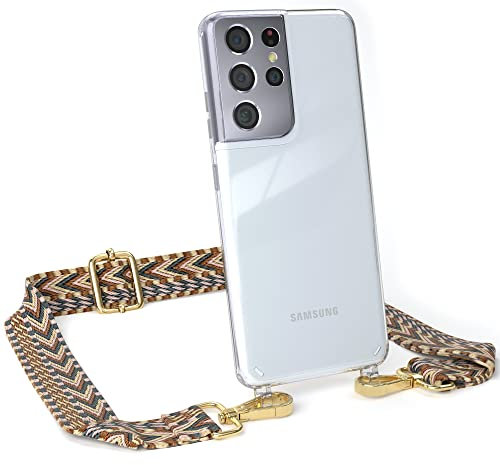 EAZY CASE Handykette - Verstellbares Taschenband kompatibel mit Galaxy S21 Ultra 5G, Schulterriemen, Handykordel mit Silikon Hülle, Umhängetasche, Braun Gold