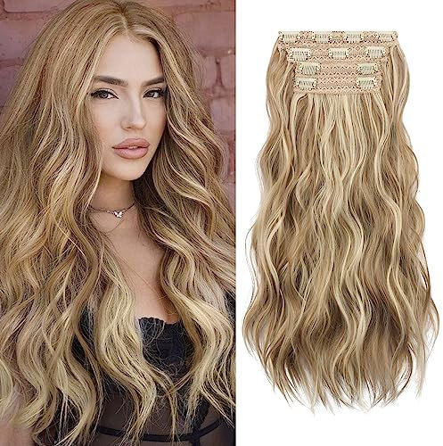 Sofeiyan Clip in Extensions 4PCS Haarteile lange gewellte synthetische Haarverlängerung natürliche Clip in Faser Haarteil Weich Spitze Schuss Haar Extensions Clip in Haarteil für Frauen, 50cm